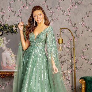 NEW LONG A-LINE MESH FOMRAL DRESS EMBROIDERED WITH SEQUINS & SIDE CAPES GL3494